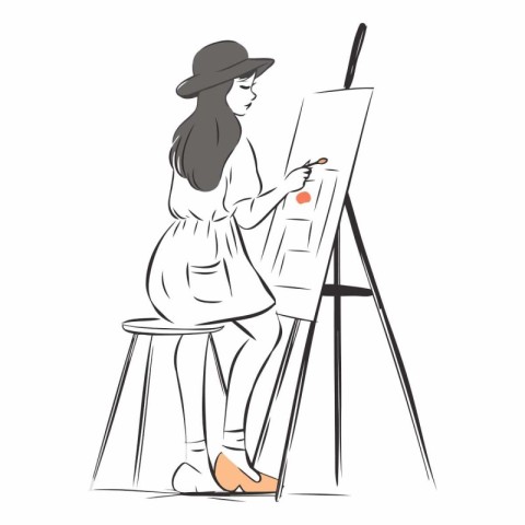 Young woman drawing a picture on easel. Sketch.