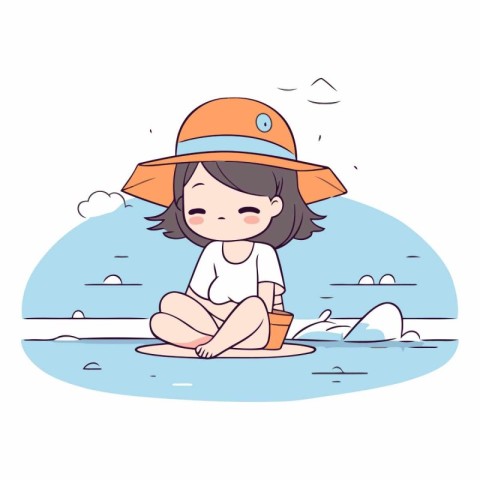 cute little girl with swimsuit and hat on the beach vector illus