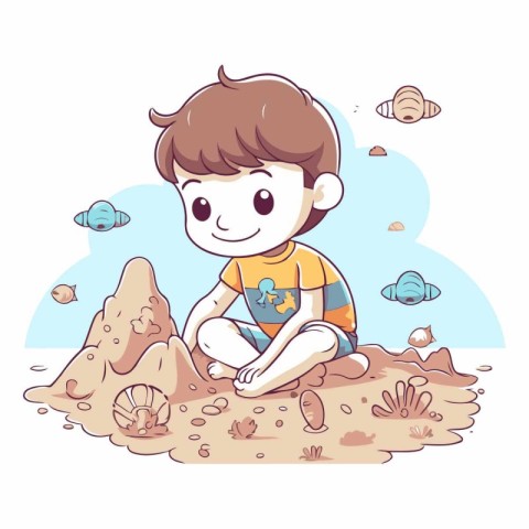 Cute little boy sitting on the sand in a cartoon style.