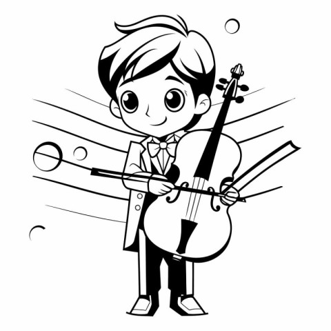 Boy playing violin - black and white vector illustration for col