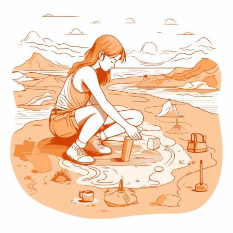 Girl playing with sand on the beach in cartoon style