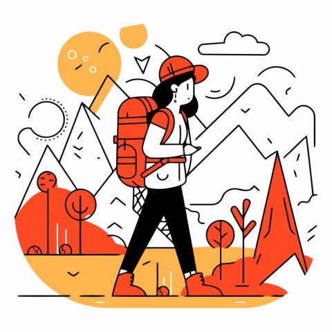 Vector illustration of a woman with a backpack hiking in the mou