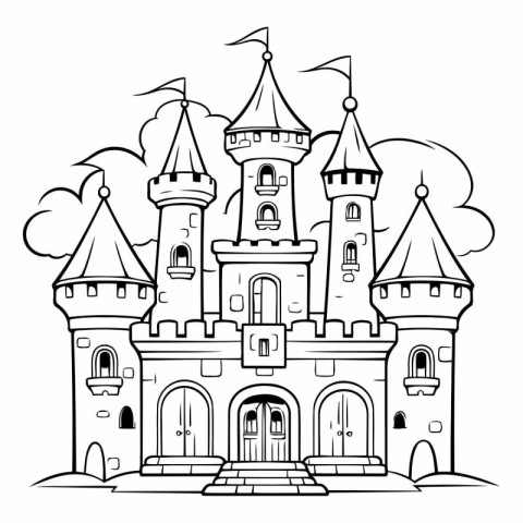 Black and White Cartoon Illustration of Fairy Tale Castle for Co