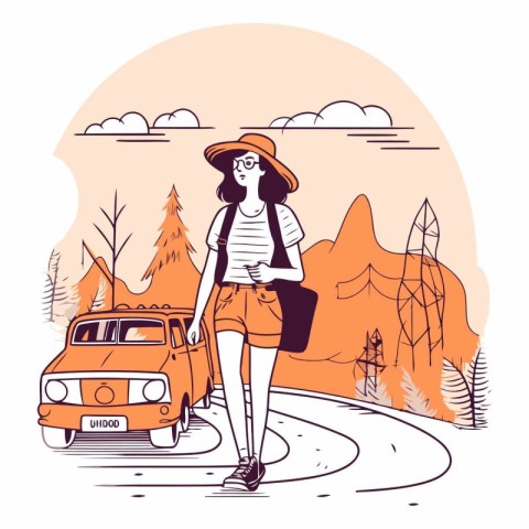 Vector illustration of a girl on the road with a backpack and a