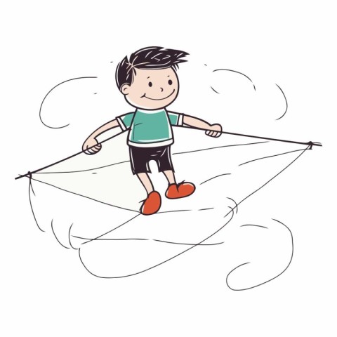 Little boy flying on a paper boat in cartoon style.