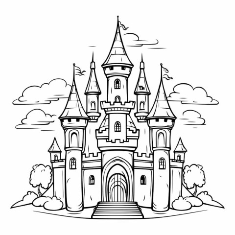 Cartoon castle. Fairytale castle. Black and white vector illustr