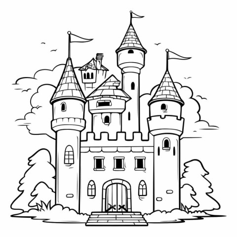 Castle in the forest. Black and white vector illustration for co