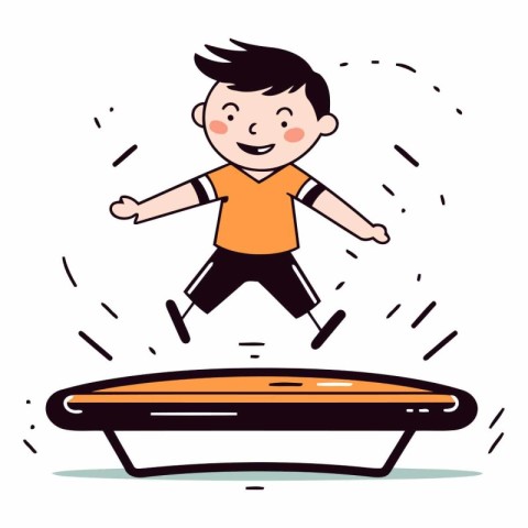 Boy jumping on a trampoline in cartoon style.