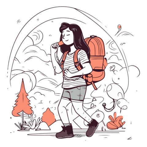 Vector illustration of a girl with a backpack goes to the mounta