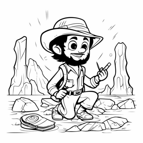 Vector illustration of a cartoon explorer sitting on the rocks a