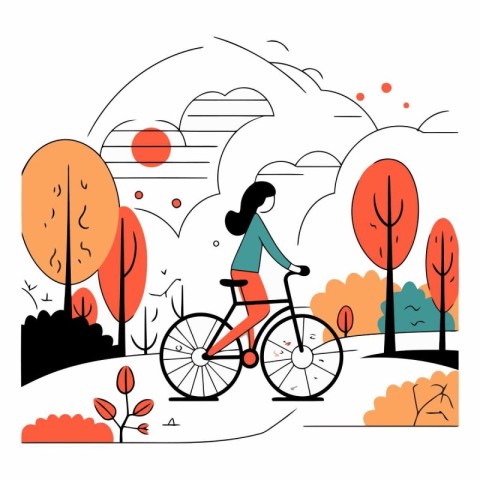 Vector illustration of a woman riding a bicycle in the autumn pa