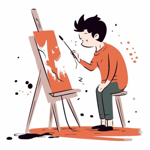 Young man painting a picture on the easel.