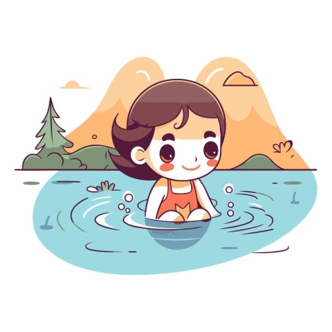 Cute little girl swims in the lake.