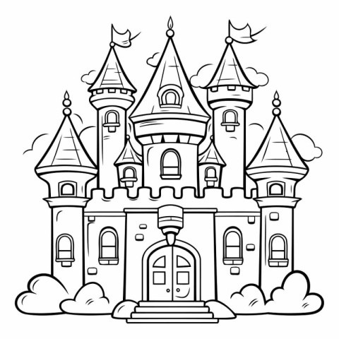 Black and White Cartoon Illustration of Fairy Tale Castle for Co