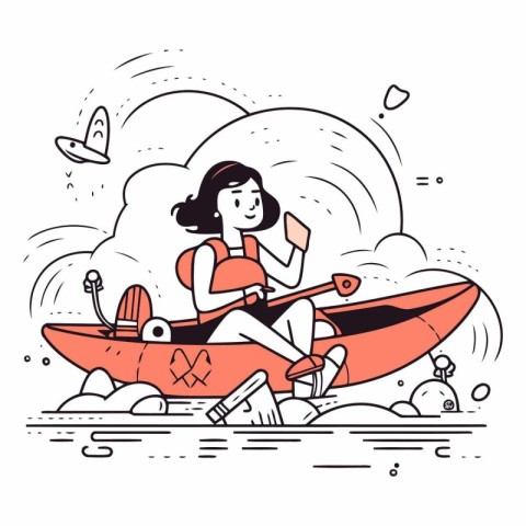 Cute girl in a kayak. Vector line art illustration.