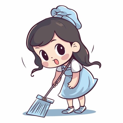 Cute cartoon girl sweeping the floor with broom.