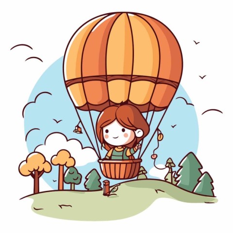 Cute little girl flying in hot air balloon vector illustration g