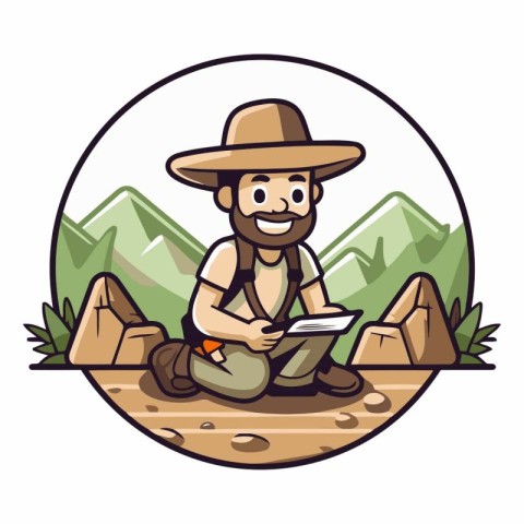 Illustration of a cartoon explorer sitting on the ground with a