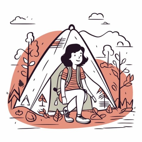 Young woman tourist in a tent in sketch style.