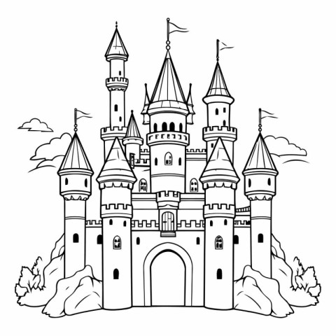 Fairytale castle. Black and white hand drawn vector illustration