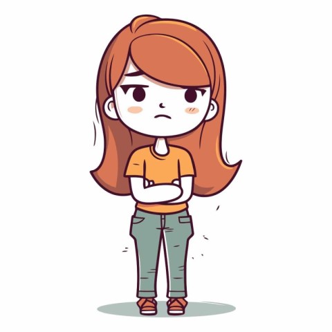 Cute little girl with sad expression in cartoon style.