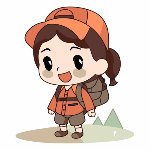 Boy hiker standing on the mountain cartoon style.