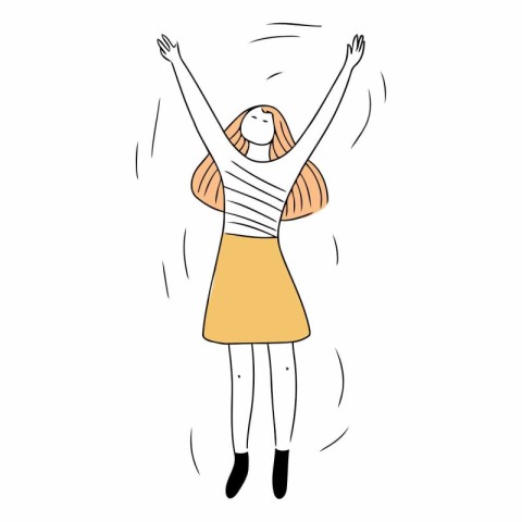 Happy girl with raised hands in doodle style.