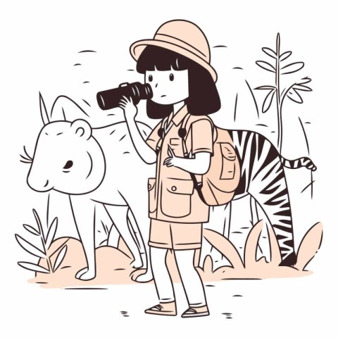 Illustration of a girl taking a photo of a zebra.