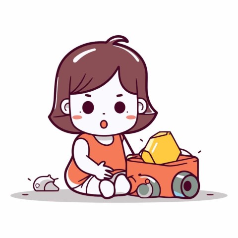 Girl playing with a toy car. Cute cartoon vector illustration.