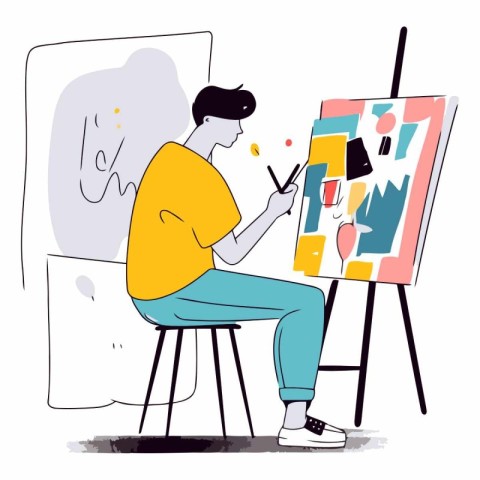 Young man drawing a picture on easel. Flat style vector illustra