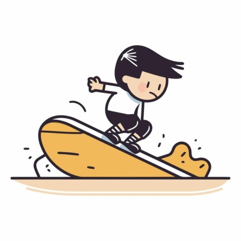 Boy riding on a surfboard in cartoon style.