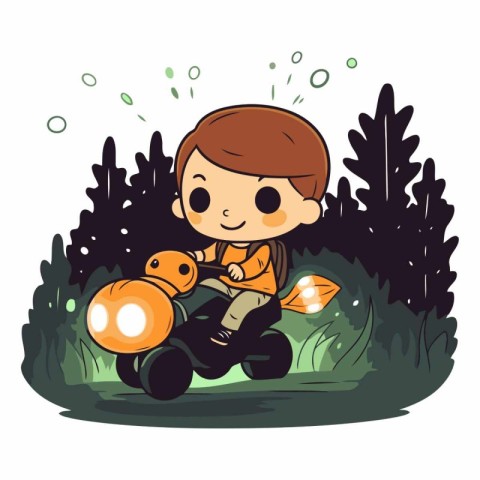 Illustration of a boy riding a motorcycle in the garden.