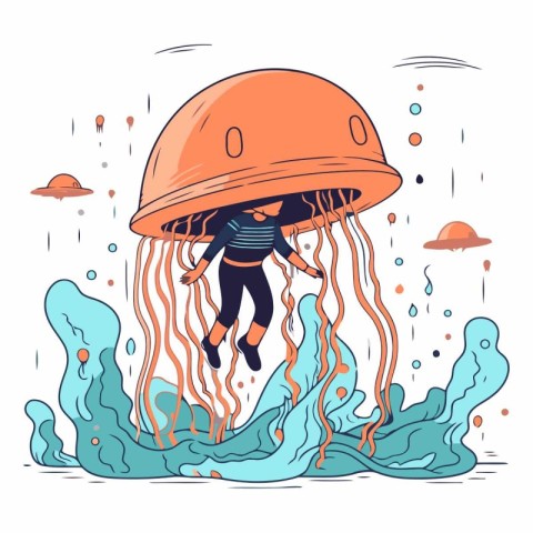 Vector illustration of a girl floating in the sea with an orange