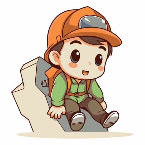 Cute little boy climbing on a rock. Cartoon vector illustration.