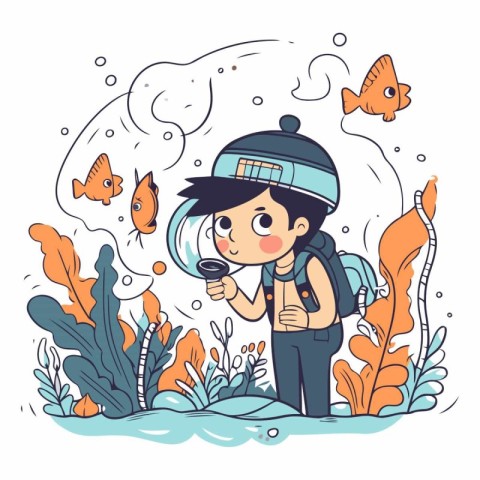 Vector illustration of a boy exploring the sea with a magnifying