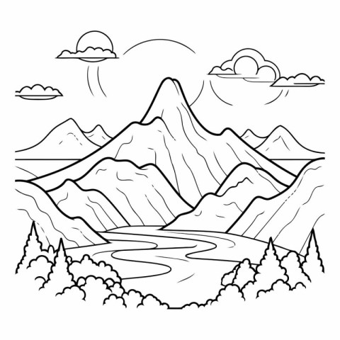 Mountain landscape with river and lake. Outline vector illustrat