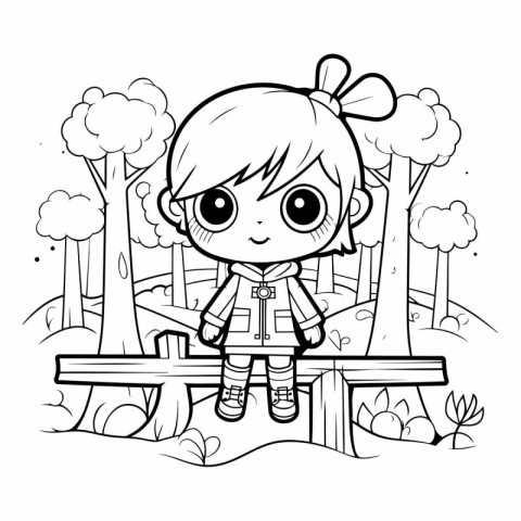 Coloring book for children: girl sitting on a bench in the park