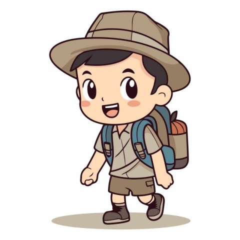 Cute boy wearing safari hat and backpack cartoon vector illustra