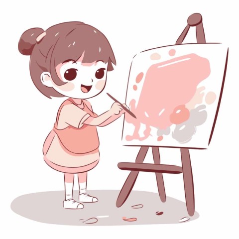 Illustration of a Cute Little Girl Drawing on an Easel