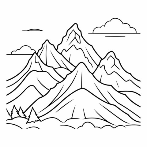 Mountains in the clouds. Mountain range in outline style.