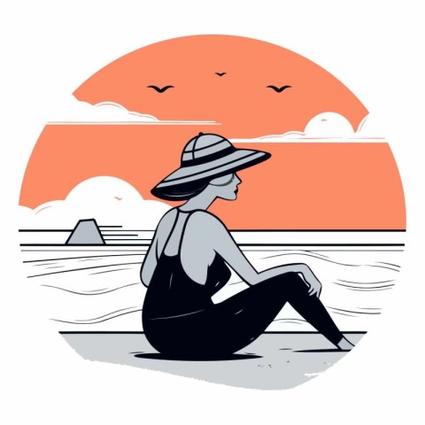 Woman in hat sitting on the beach of a girl on the beach.