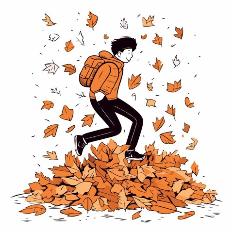 Vector illustration of a man with a backpack on a pile of autumn