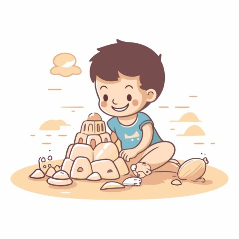 Cute little boy building sand castle in cartoon style.