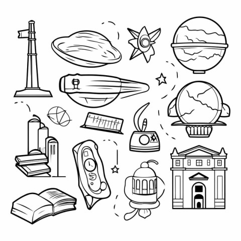 Hand drawn doodle set of space objects.