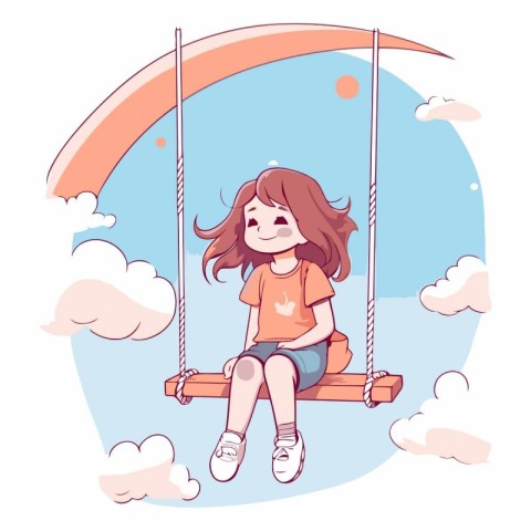 Cute little girl swinging on a swing in cartoon style.