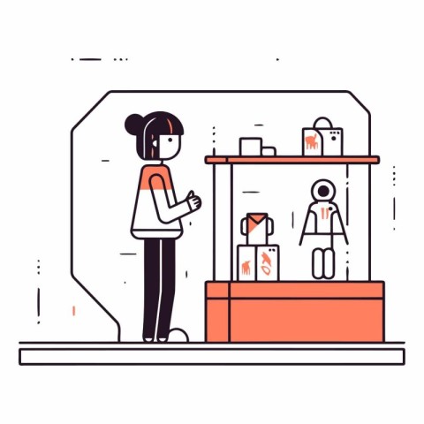 Vector illustration of a woman buying clothes in the store. Line