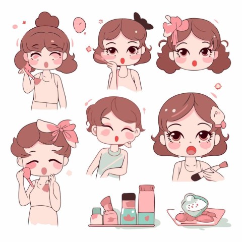 Beauty woman face vector illustration set. Cute cartoon girl wit