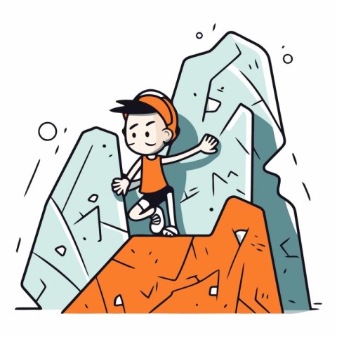 Cartoon character of a boy climbing a mountain.