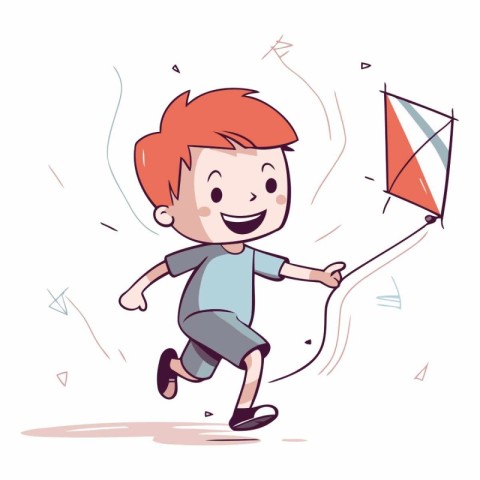 Vector illustration of a happy boy running with a kite. Cartoon