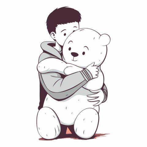 Little boy hugging a big white teddy bear.